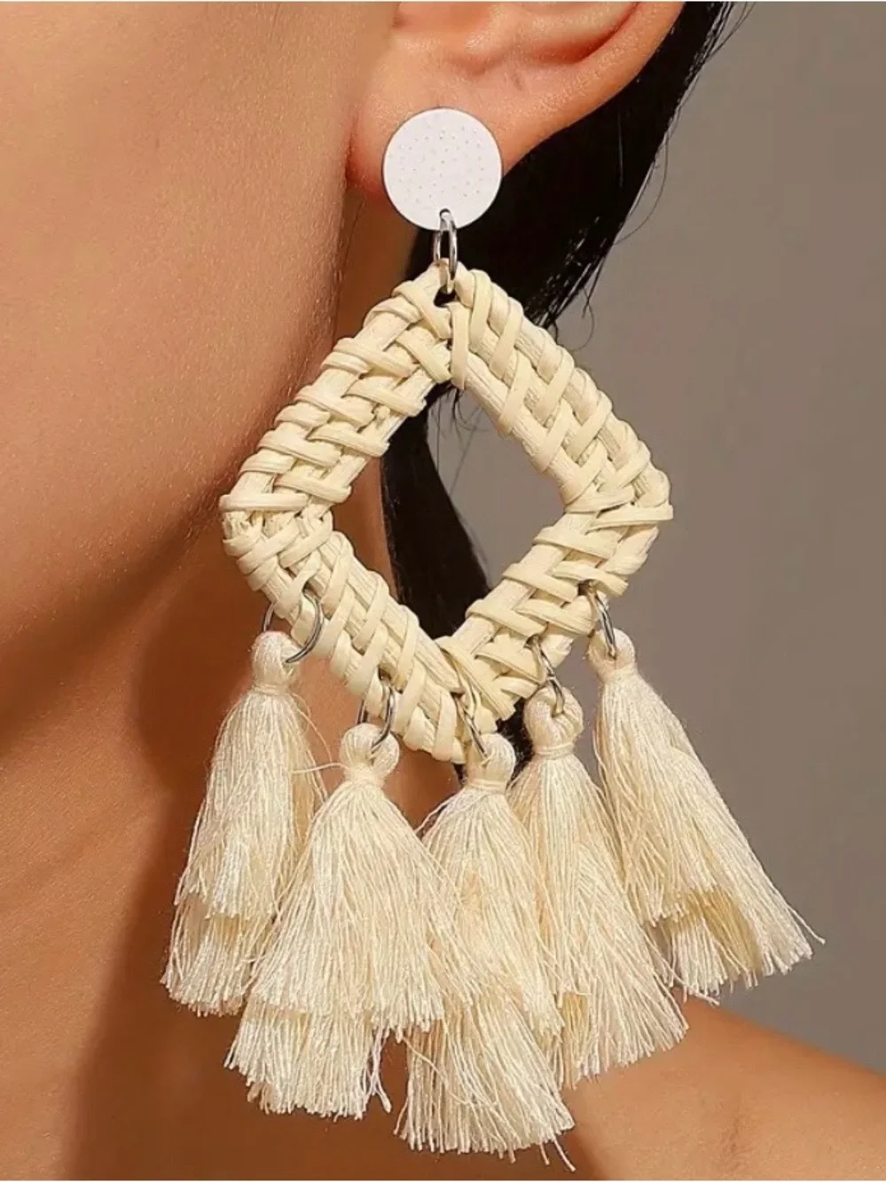 Boho Tassel Square Drop Earrings - Cream